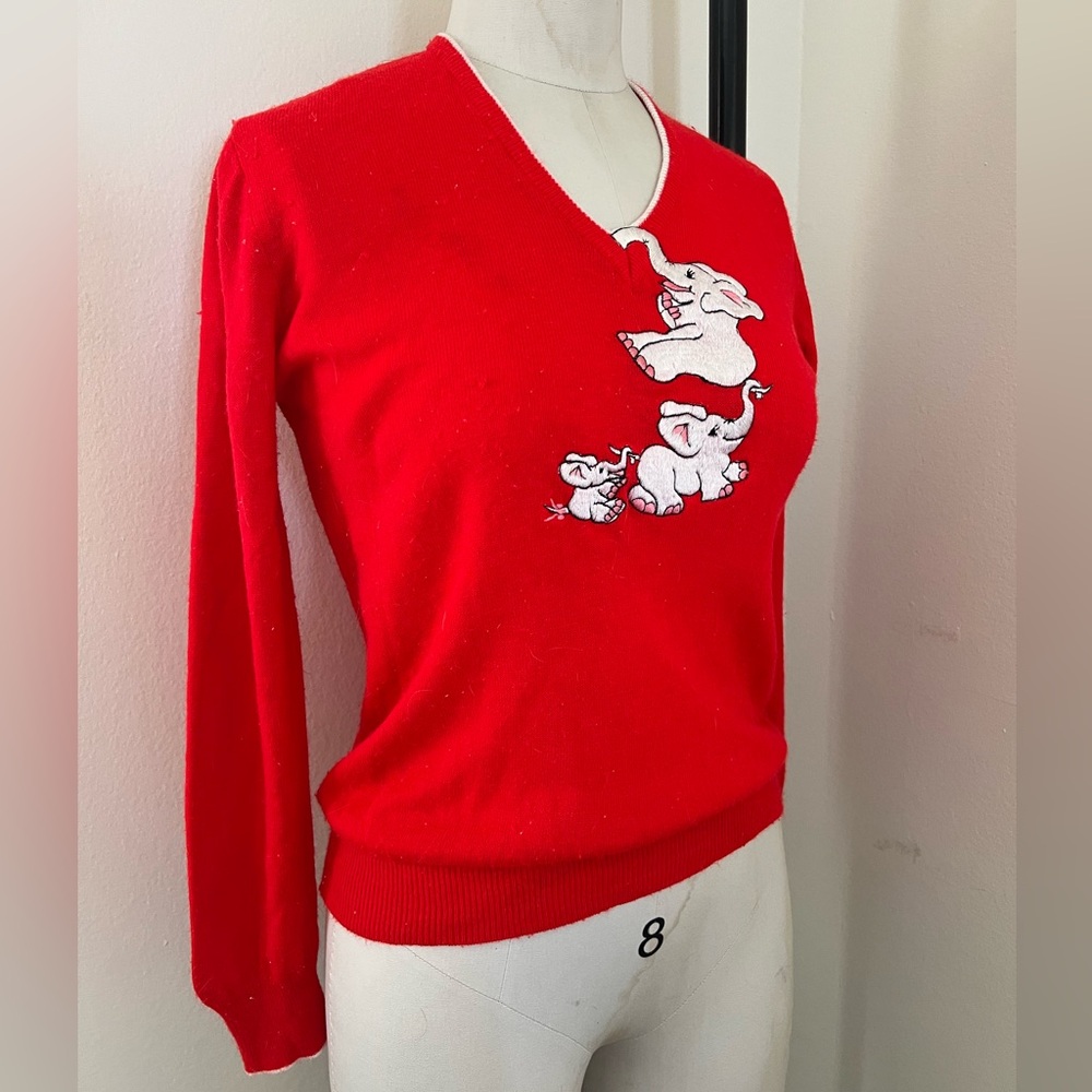 Vintage 70s Rochelle of California Red Elephant Bow Sleeve V-Neck Sweater M